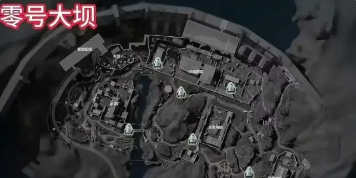 三角洲行动零号大坝空投刷新点位在管道区、军营行政楼、水泥厂、主变电站和游客中心广场等区域的示意图