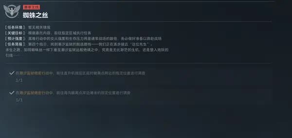 三角洲行动S6赛季蜘蛛之丝任务在潮汐监狱绝密行动中的任务信息示意