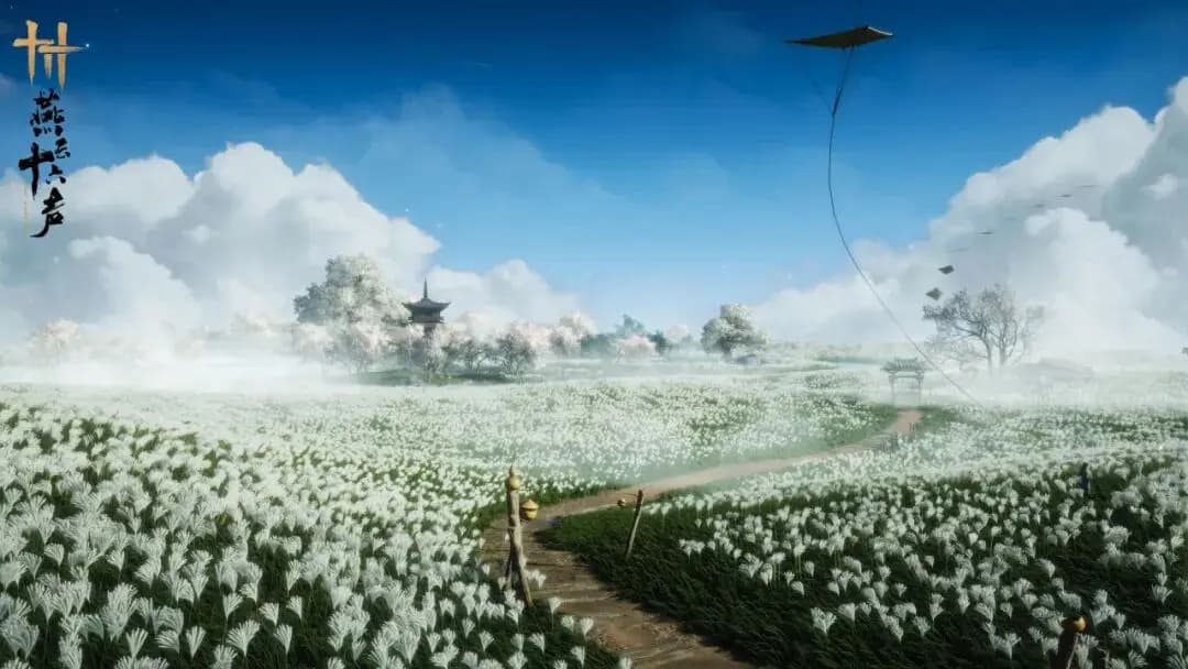 Jian Wang 3 jianghu memories collage with pear blossoms, Fan Tower dances, Liangzhou snow, and hidden mountains for anniversary nostalgia