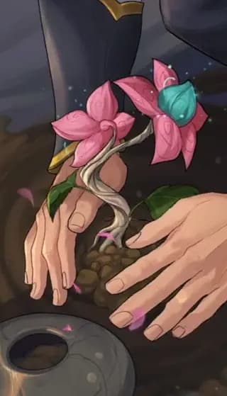 赵信手边盛开的绽灵花特写,花朵在德玛西亚背景下格外显眼