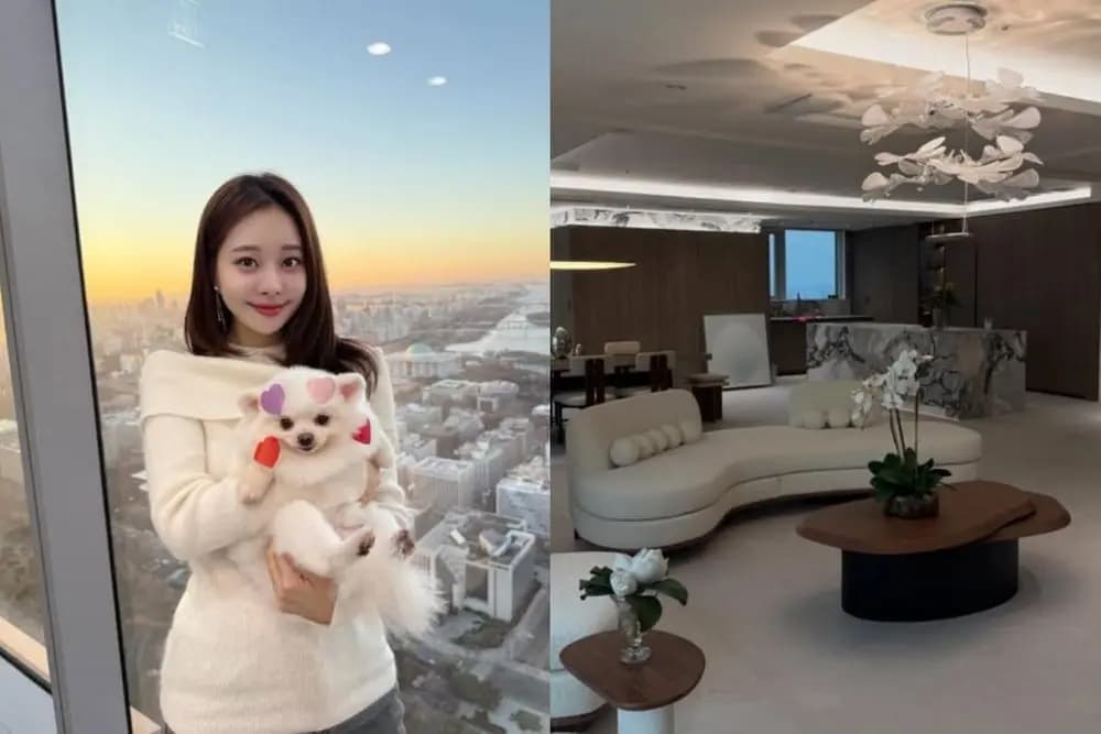 Aori posing in her spacious, modern living room with a stunning panoramic view of the Han River and Namsan Tower.