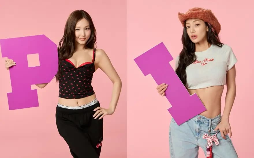 TWICE成员娜琏、志效、Momo、子瑜手持粉色字母拍摄维多利亚的秘密PINK系列写真