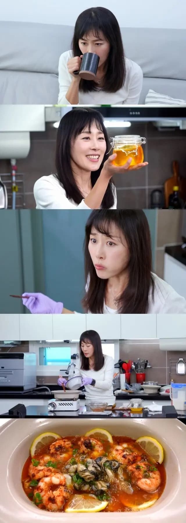 Actress Moon Jeong-hee presenting homemade ghee on KBS 2TV's 'Pyeon Store' show