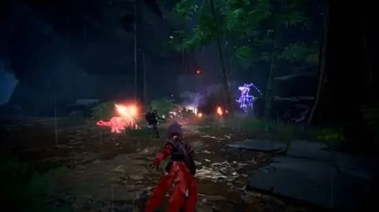 In-game combat screenshot of Wanjie Mountain Showdown - player executing a precision dodge and counterattack in 3D non-target combat