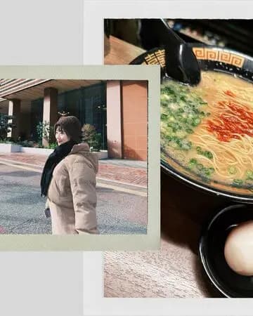 焦凡凡在餐厅内对着镜头比出YA手势,面前摆着热乎的一兰拉面,隆起的孕肚清晰可见,笑容灿烂